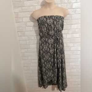 Strapless Snakeskin Animal Print See You Monday Midi Dress Tie Waist Sheer 1984
